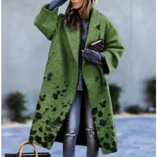 Dragon & Phoenix Woolen Coat - Green Black Flower / 4XL