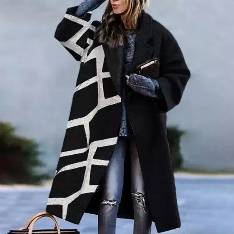 Dragon & Phoenix Woolen Coat - Line Grid Stitching / 4XL