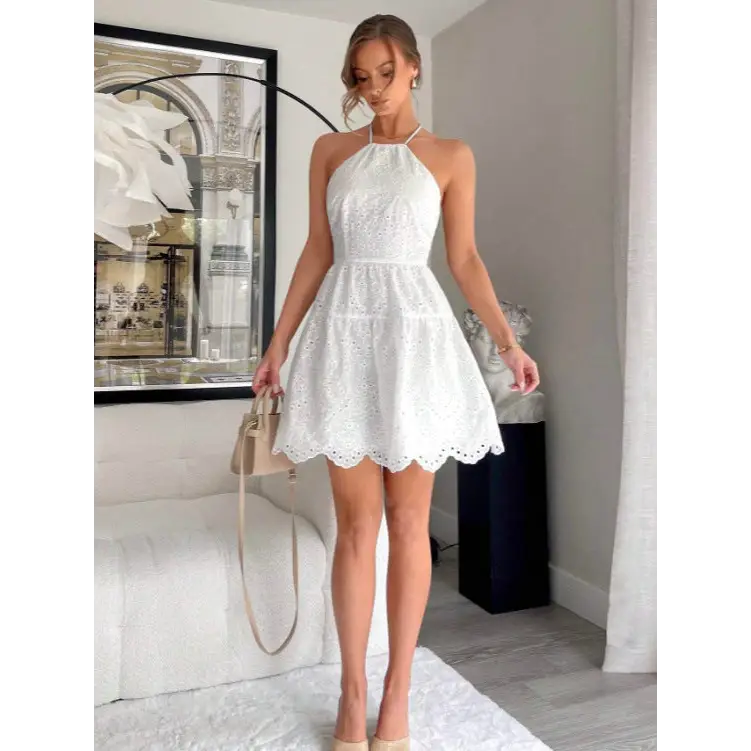Elegance A-Line: Lace Patchwork High Waist Dress - White / M