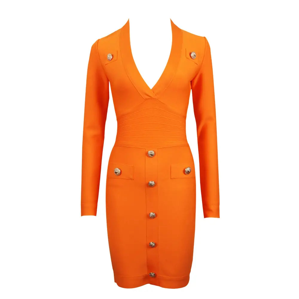 Elegance: Slim Fit Long-Sleeve Dress - Orange / XS