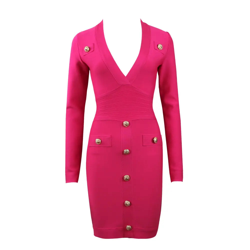 Elegance: Slim Fit Long-Sleeve Dress - Rose Red / XS