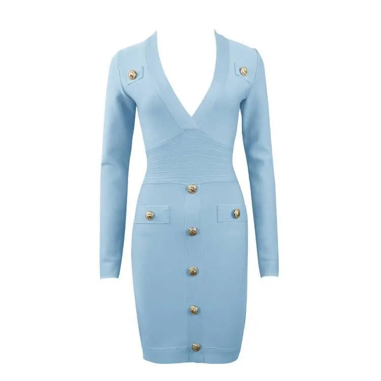 Elegance: Slim Fit Long-Sleeve Dress - Sky Blue / XS