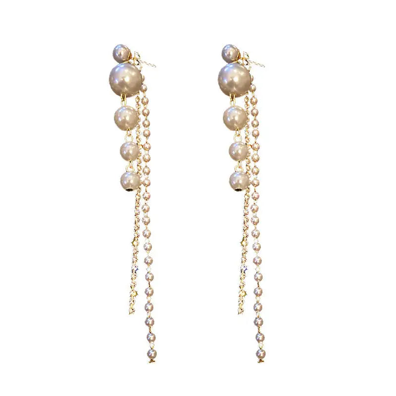 Elegance Tassel: Silver Needle Pearl Earrings - Silver - 4
