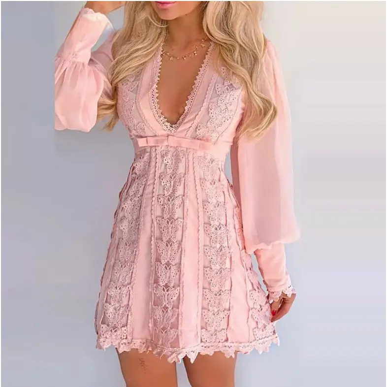 Elegance: V-Neck Lace Puff Sleeve Butterfly Dress - Pink / S - 4