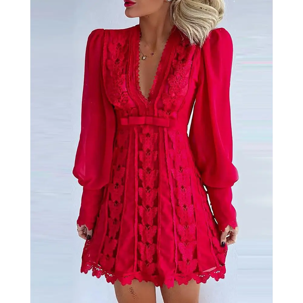 Elegance: V-Neck Lace Puff Sleeve Butterfly Dress - Red / S - 4