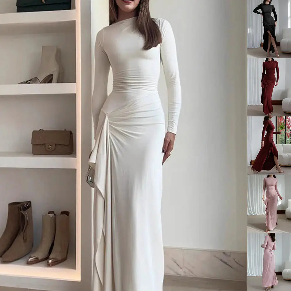 EleganceFlow: Asymmetric Long-Sleeve Dress