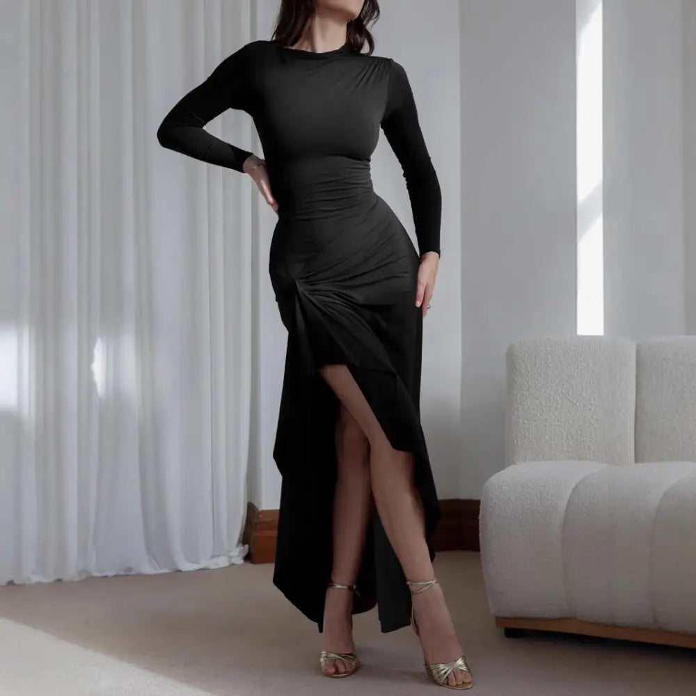 EleganceFlow: Asymmetric Long-Sleeve Dress - Black / S