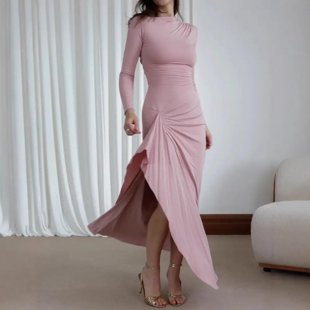 EleganceFlow: Asymmetric Long-Sleeve Dress - Pink / S