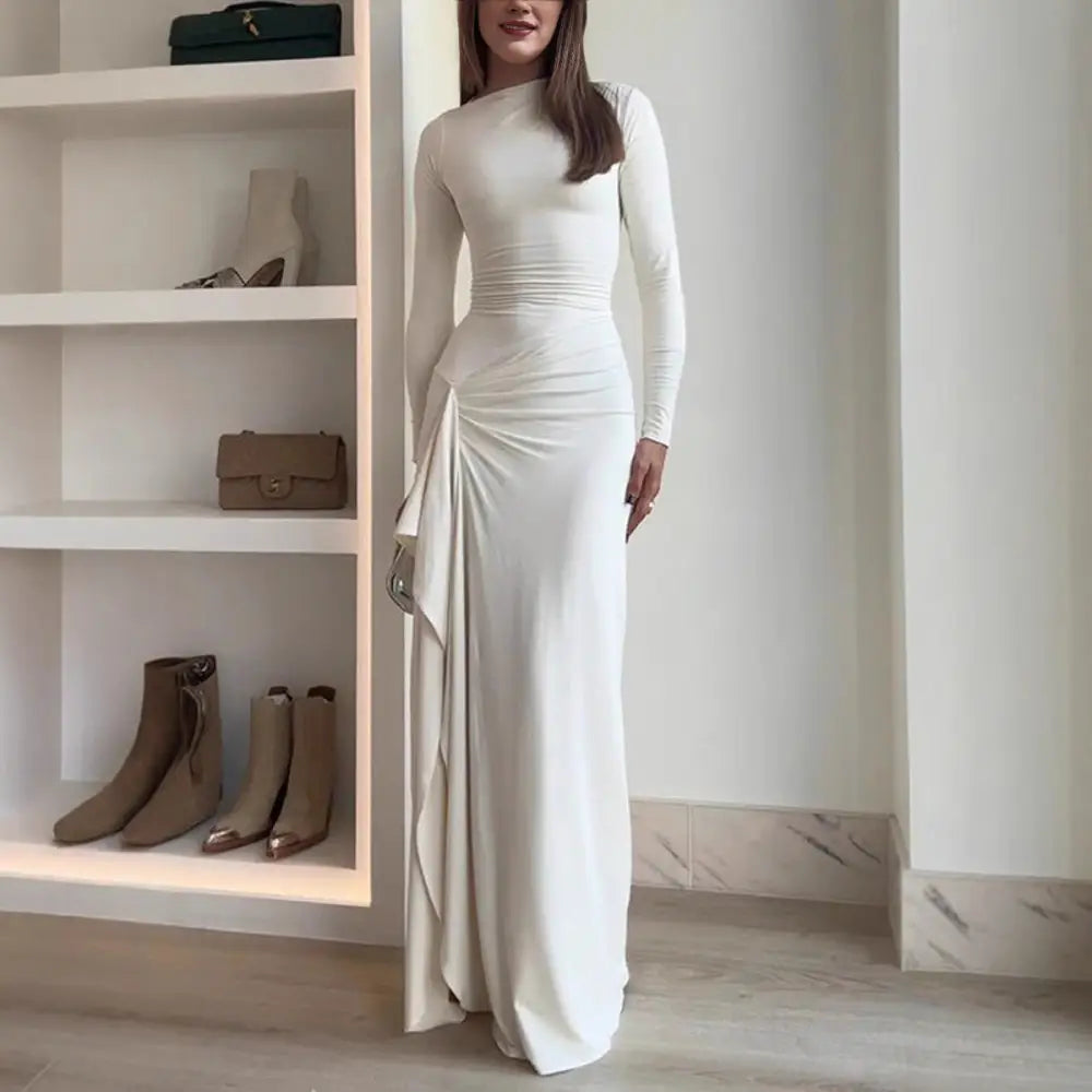 EleganceFlow: Asymmetric Long-Sleeve Dress - White / S