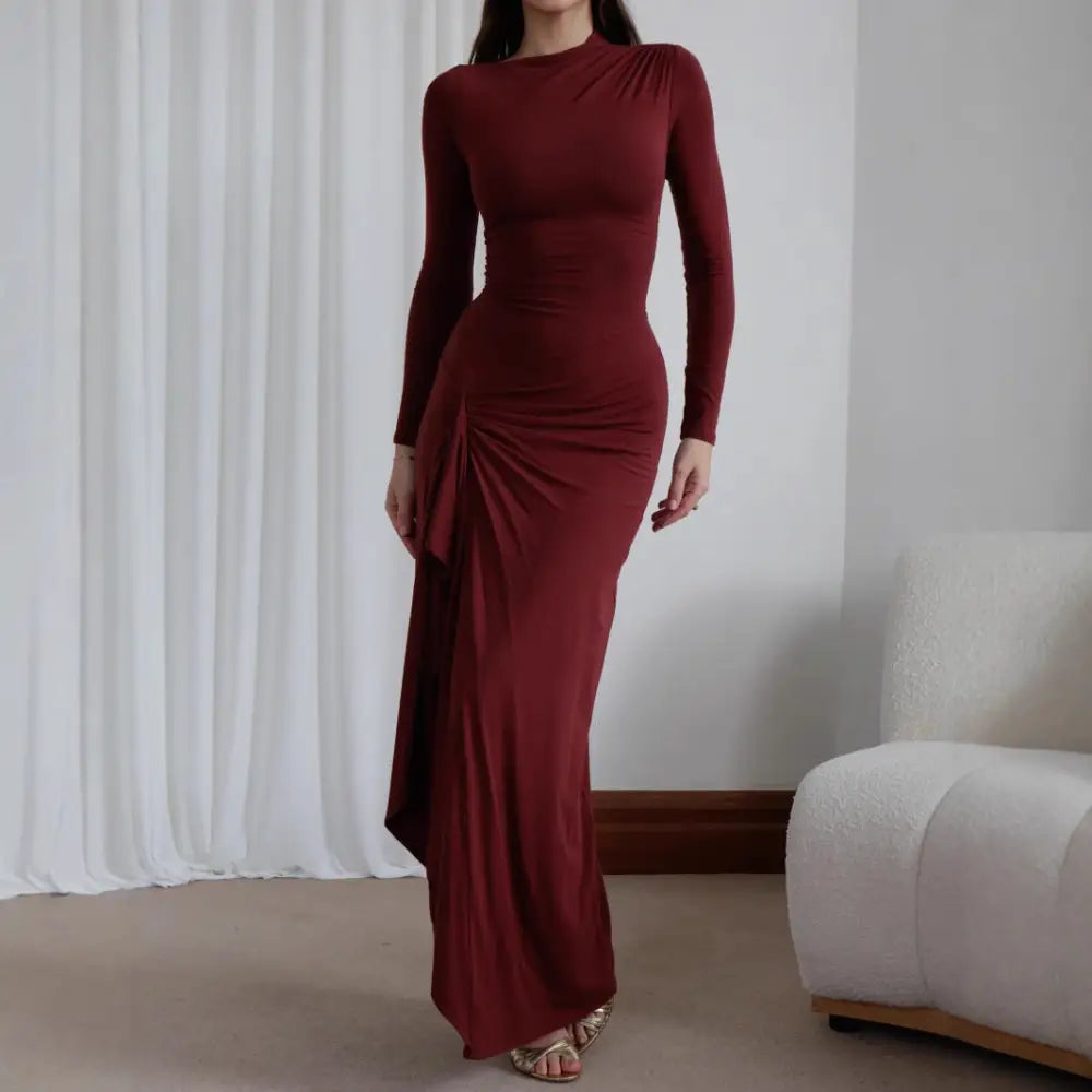 EleganceFlow: Asymmetric Long-Sleeve Dress - Wine Red / S