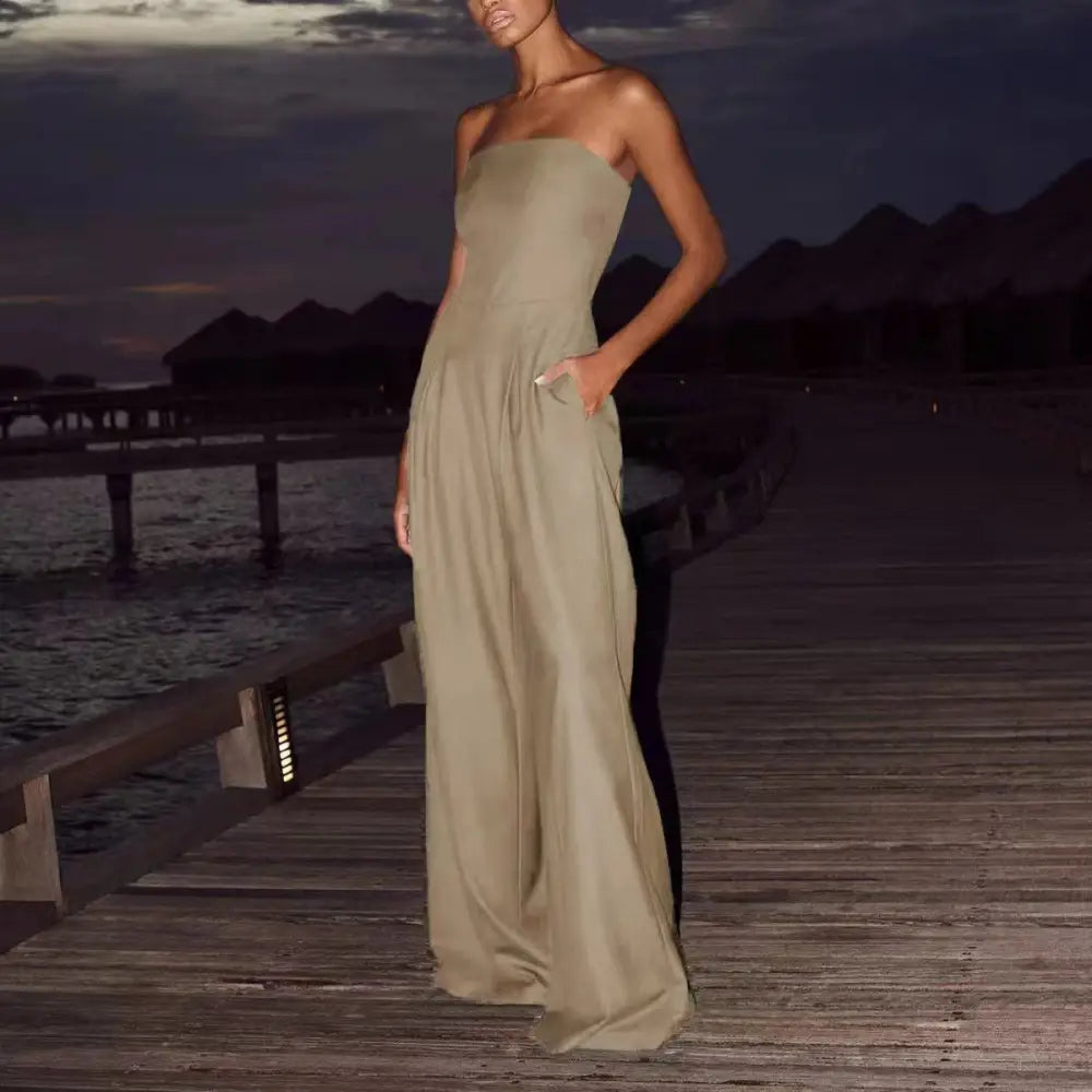 EleganceOne: Luxe One-Shoulder Split Evening Dress - Khaki / L