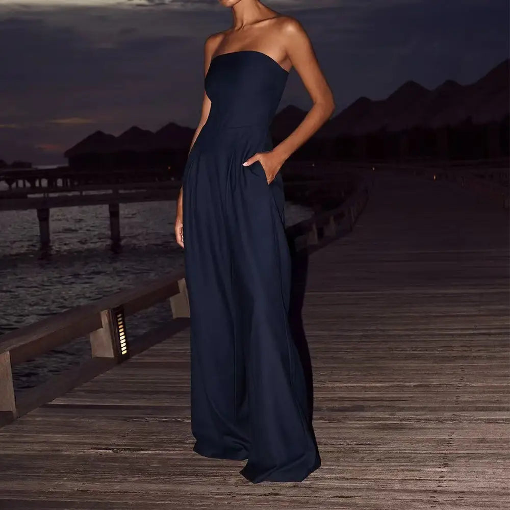 EleganceOne: Luxe One-Shoulder Split Evening Dress - Navy Blue / S
