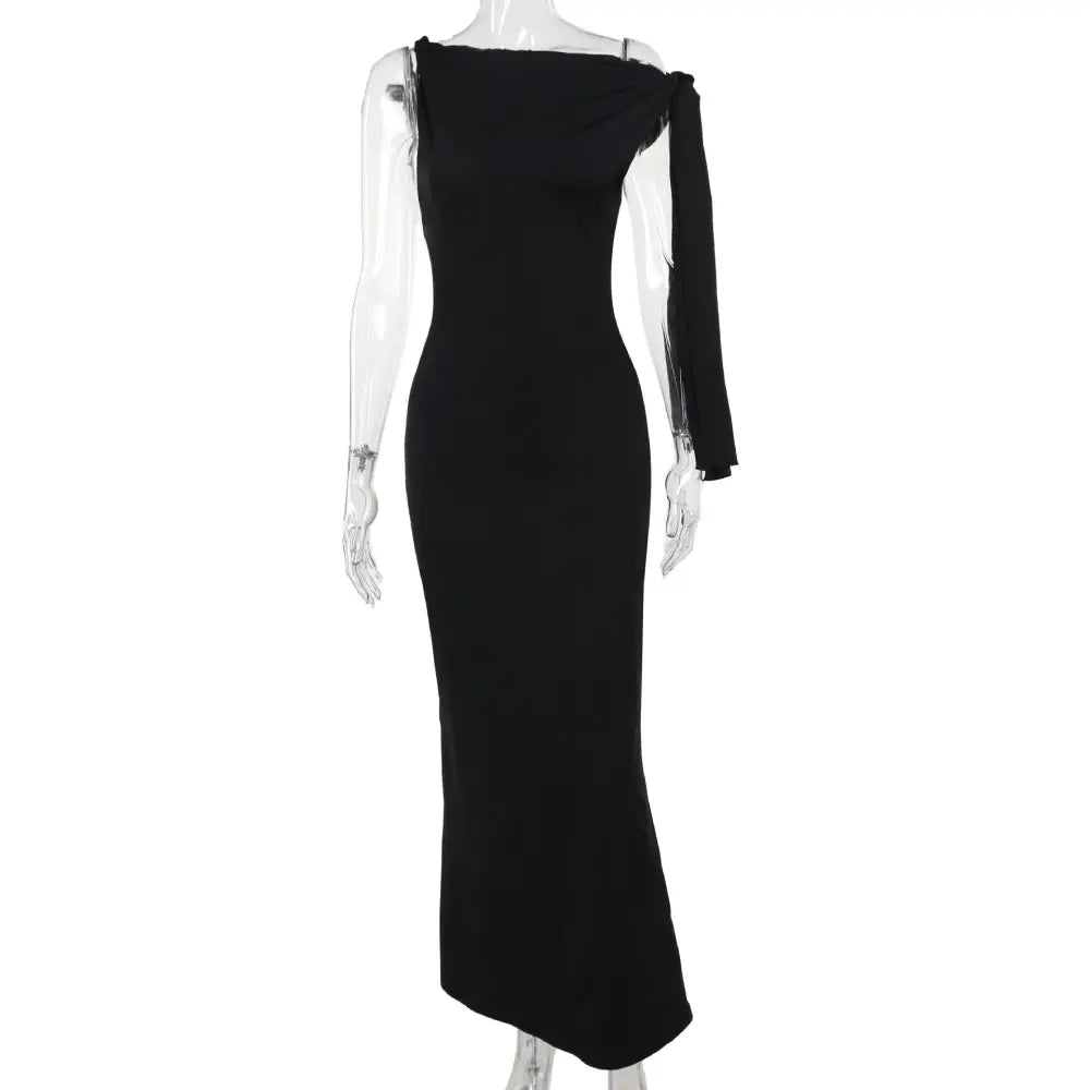 EleganceOne: Ribbon One-Shoulder Evening Dress - black / S
