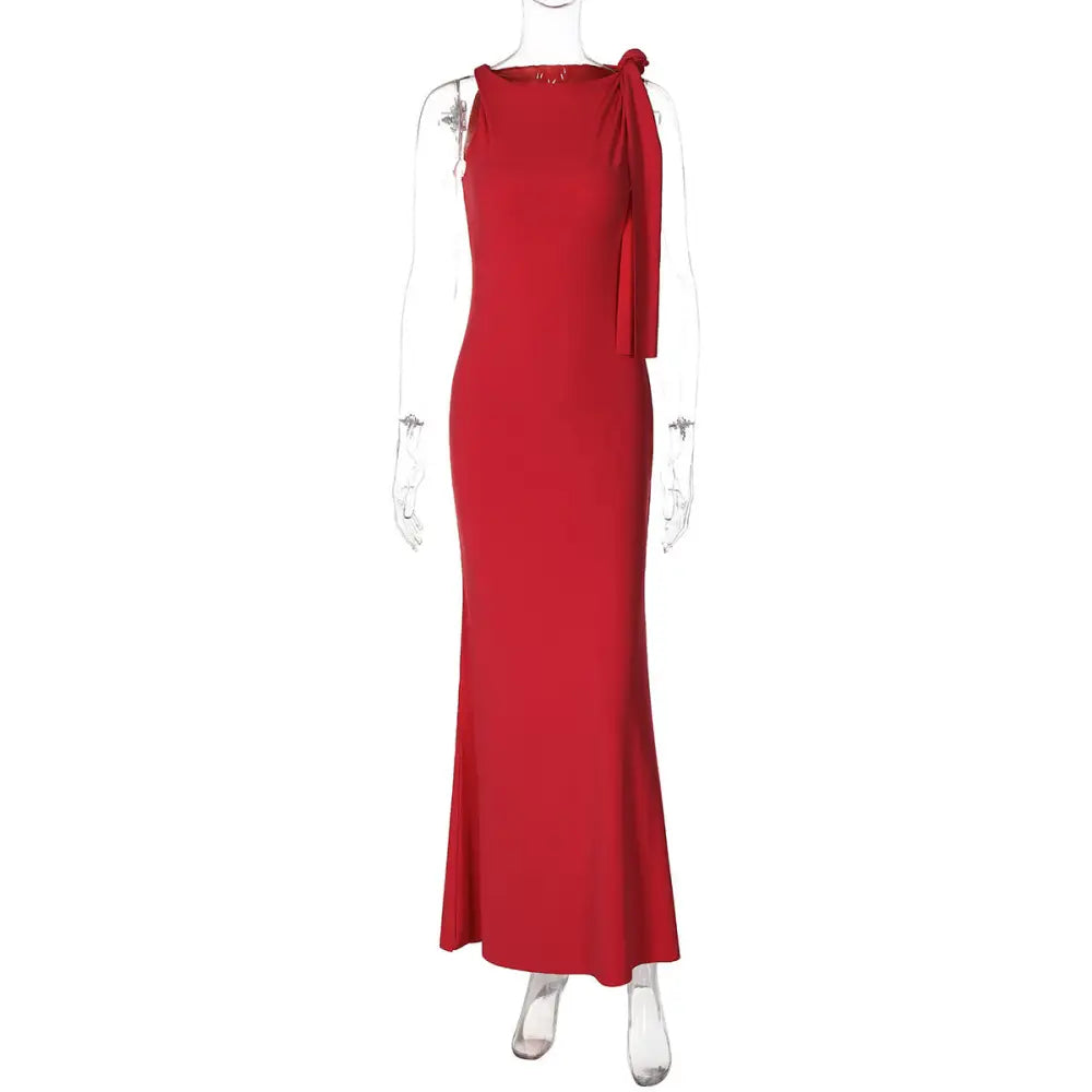 EleganceOne: Ribbon One-Shoulder Evening Dress - Red / L