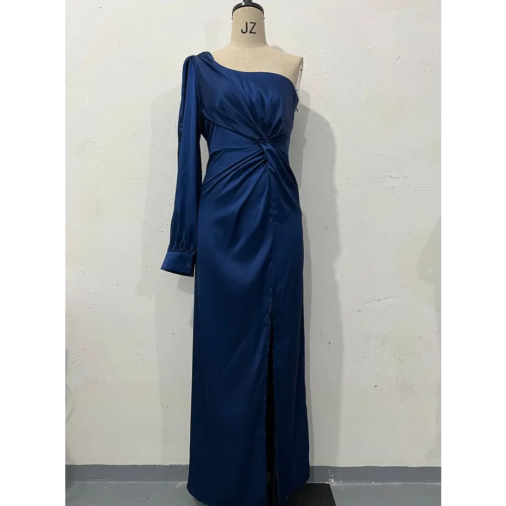 EleganceOne: Women’s Luxe Split One-Shoulder Dress - Dark Blue / S
