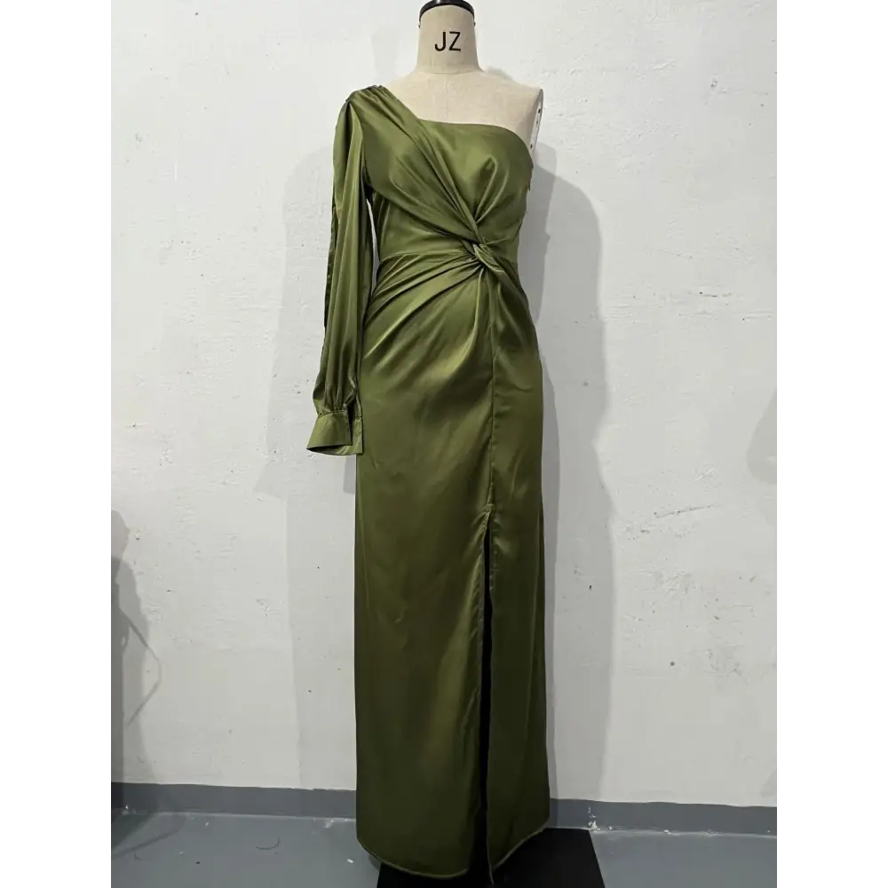 EleganceOne: Women’s Luxe Split One-Shoulder Dress - Dark Green / S