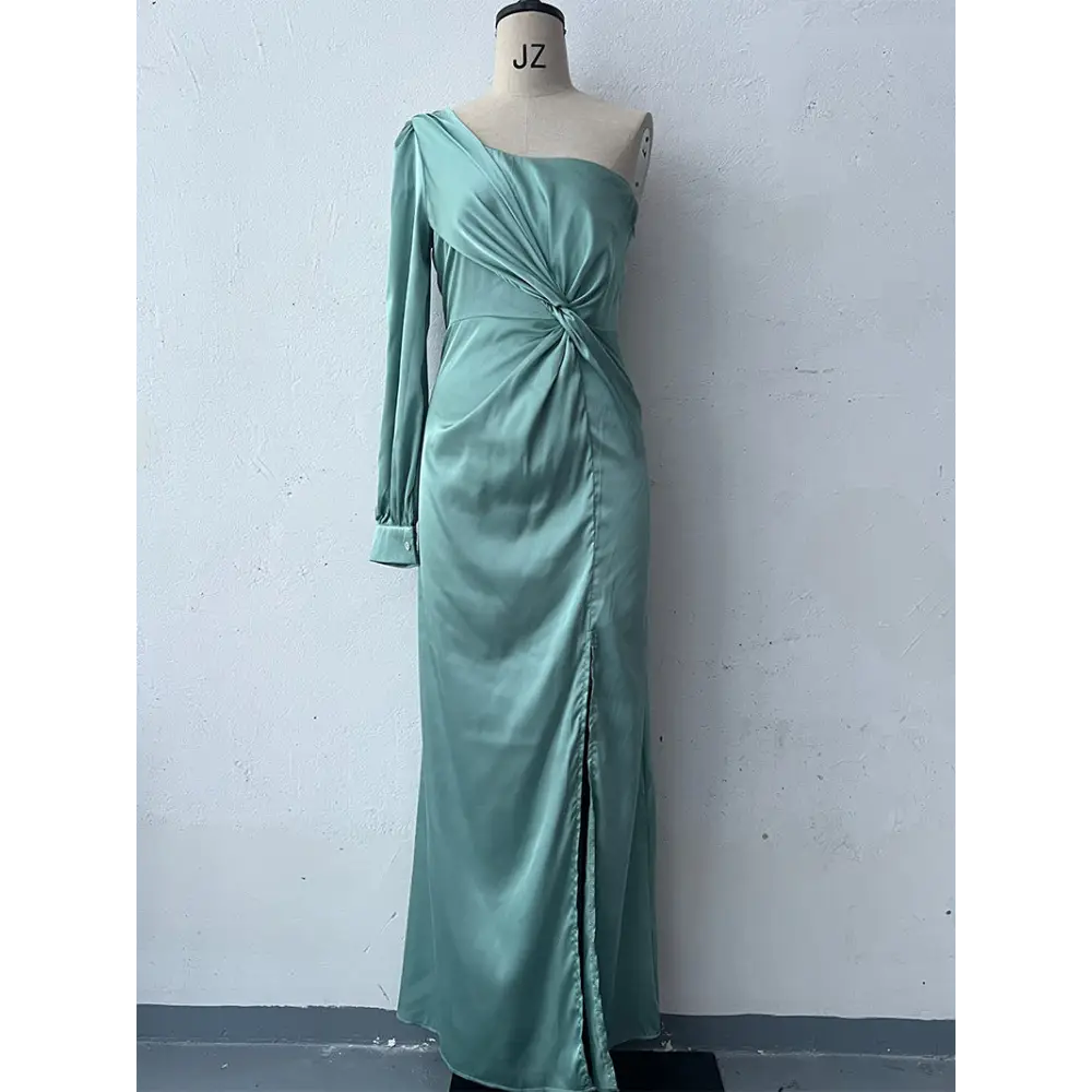 EleganceOne: Women’s Luxe Split One-Shoulder Dress - Light Green / S