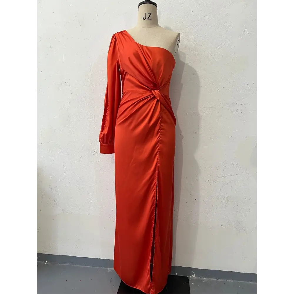 EleganceOne: Women’s Luxe Split One-Shoulder Dress - Orange Red / S