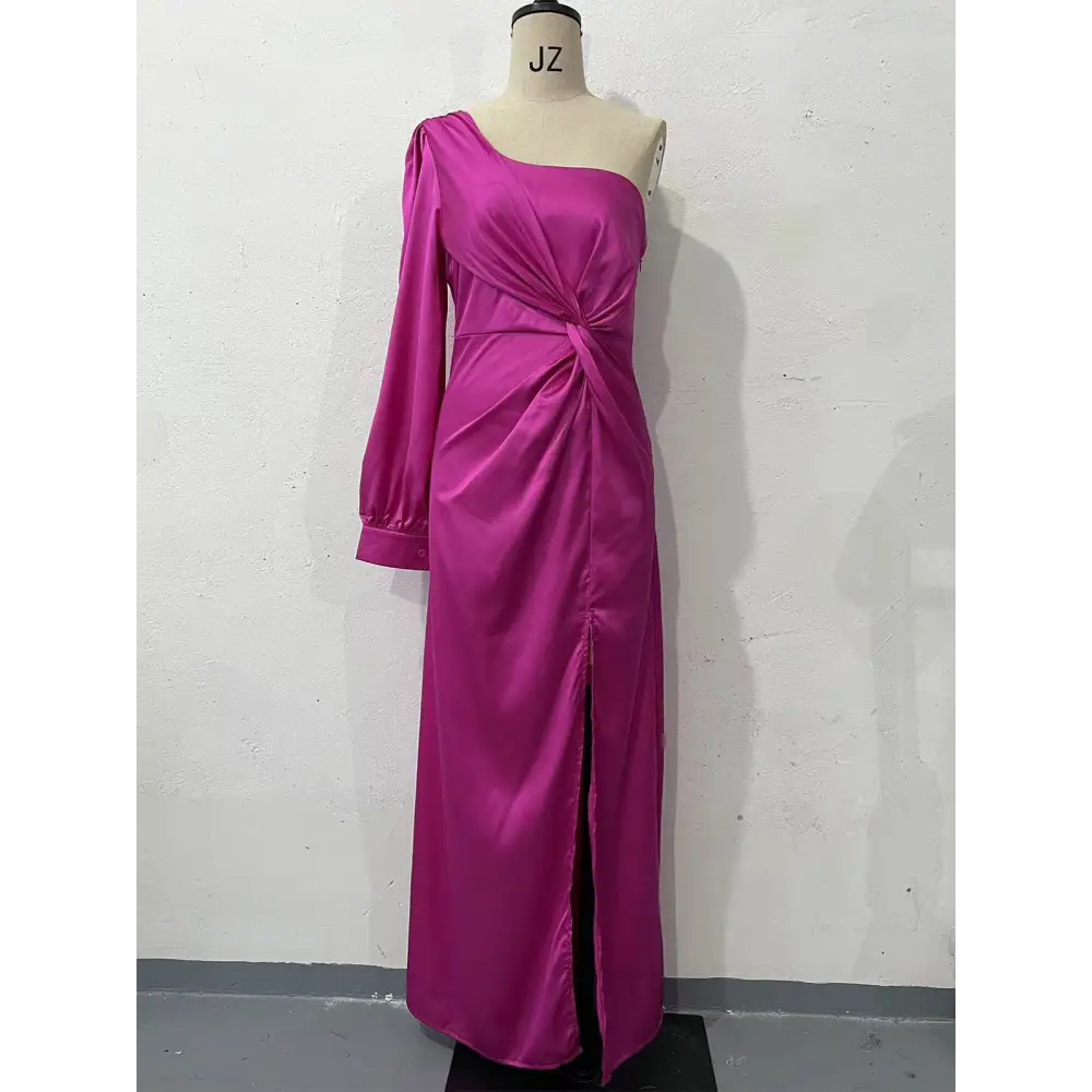 EleganceOne: Women’s Luxe Split One-Shoulder Dress - Rose Red / S