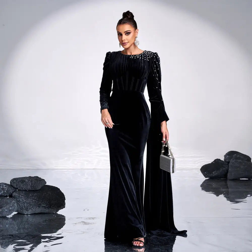 Elegant Black High Waist Long Sequin Skirt in Polyester - Black / S