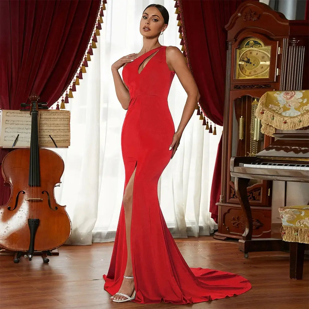 Elegant Cotton Blend Solid Color Mid Waist Long Skirt for Banquet - Red / S
