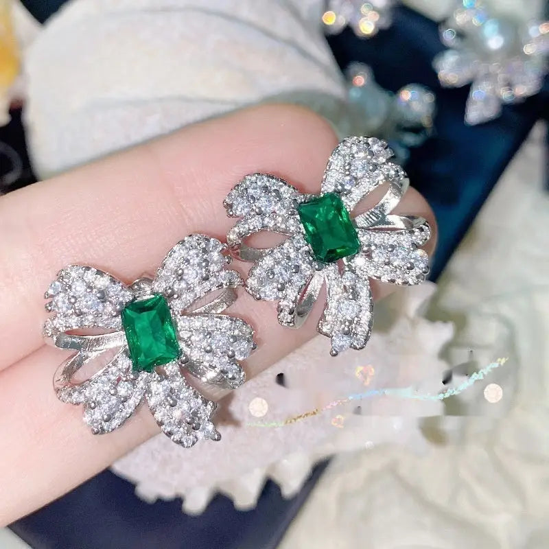 Emerald Butterfly Pendant Necklace - Green / Bow Stud Earrings