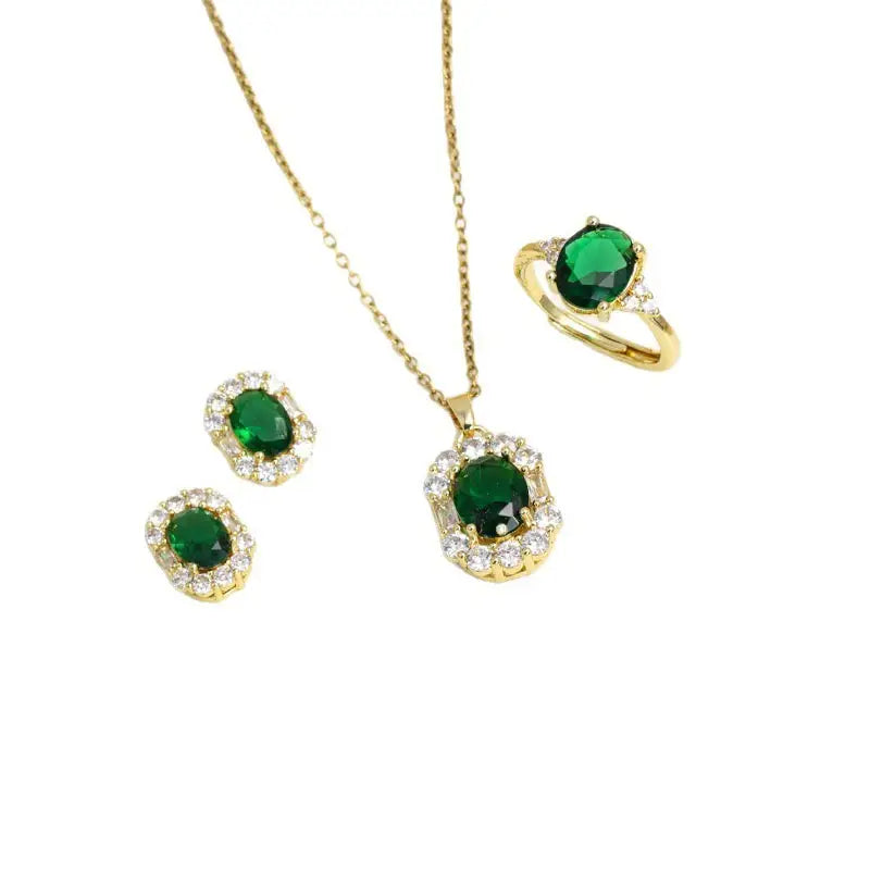 Emerald Inlay Jewelry Set with Necklace Studs and Ring