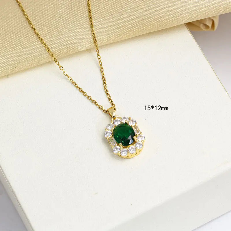 Emerald Inlay Jewelry Set with Necklace Studs and Ring - Necklace TZ8073