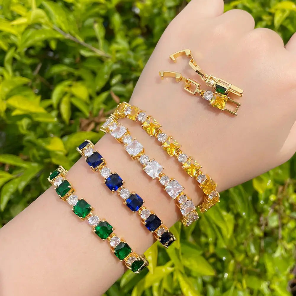 Emerald Zircon Elegance: Brass Inlay Bracelet