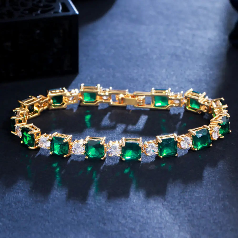 Emerald Zircon Elegance: Brass Inlay Bracelet
