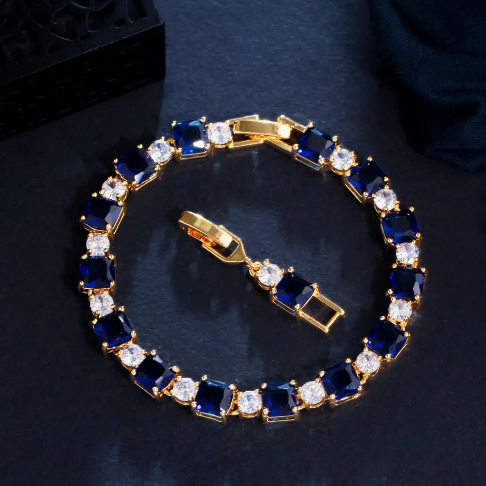 Emerald Zircon Elegance: Brass Inlay Bracelet - Blue