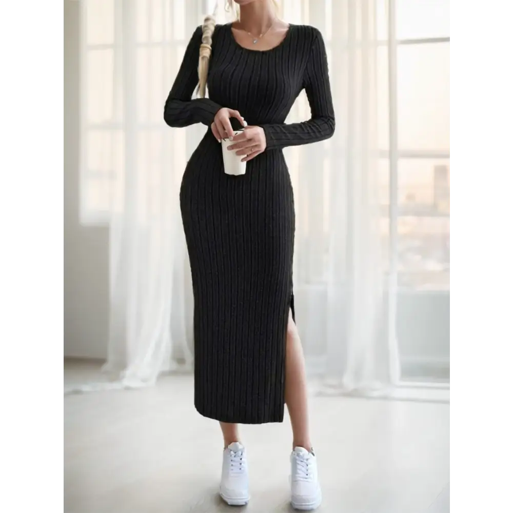 Eternal Elegance: Long-Sleeve Solid Dress - Black / S - 4