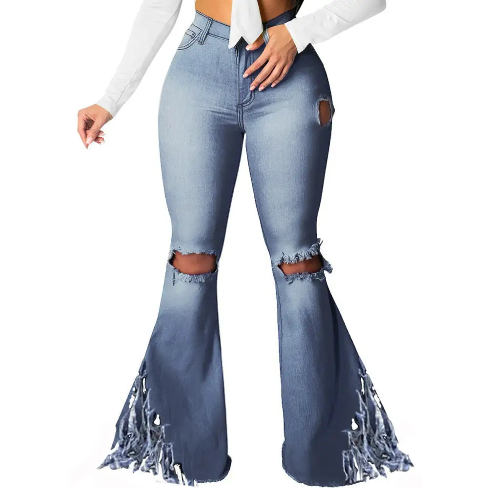 Euro-Am Hole-Knee Wide Leg Jeans - Dark Blue / S