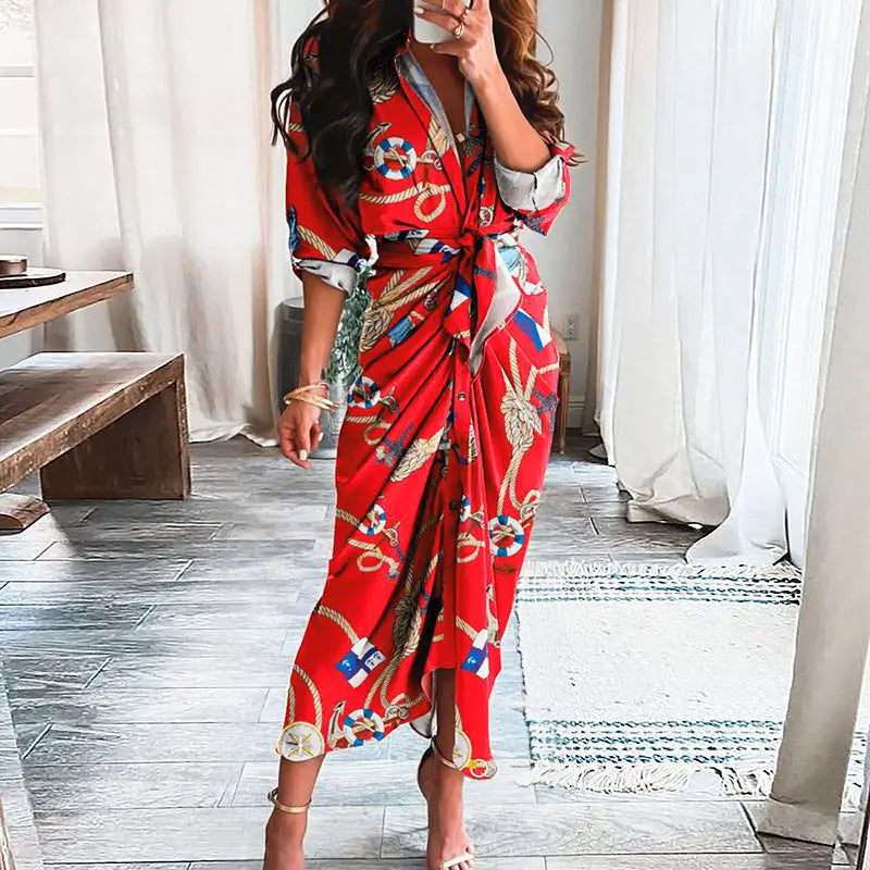 Euro-Ameri Chic Lace-Up Shirt Dress - Red / XL - 4