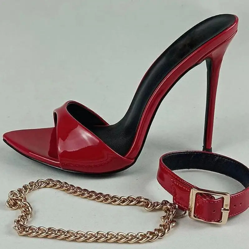 Euro-Ameri Chic: Open Toe Chain Stiletto Boots - Red / 34