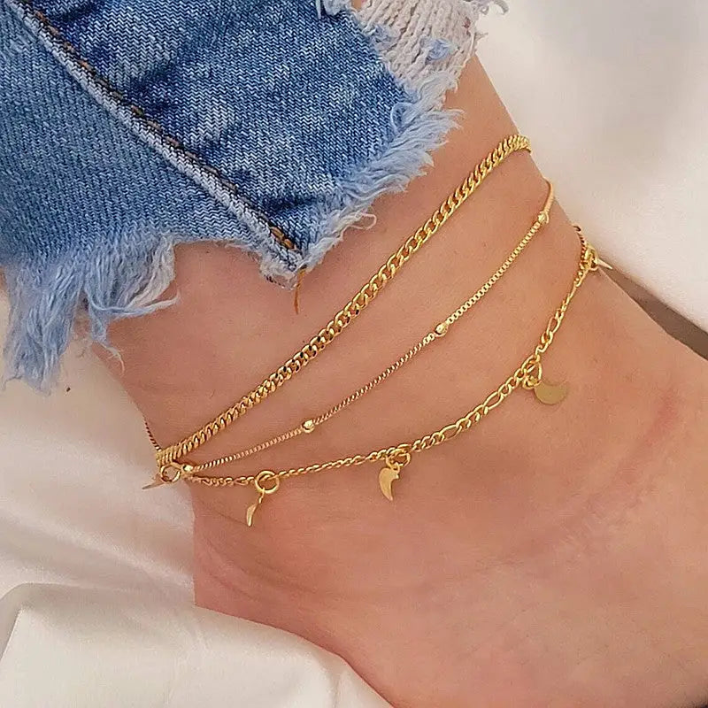EuroAm Style Multi-layer Anklet Set - Three Gold Anklet