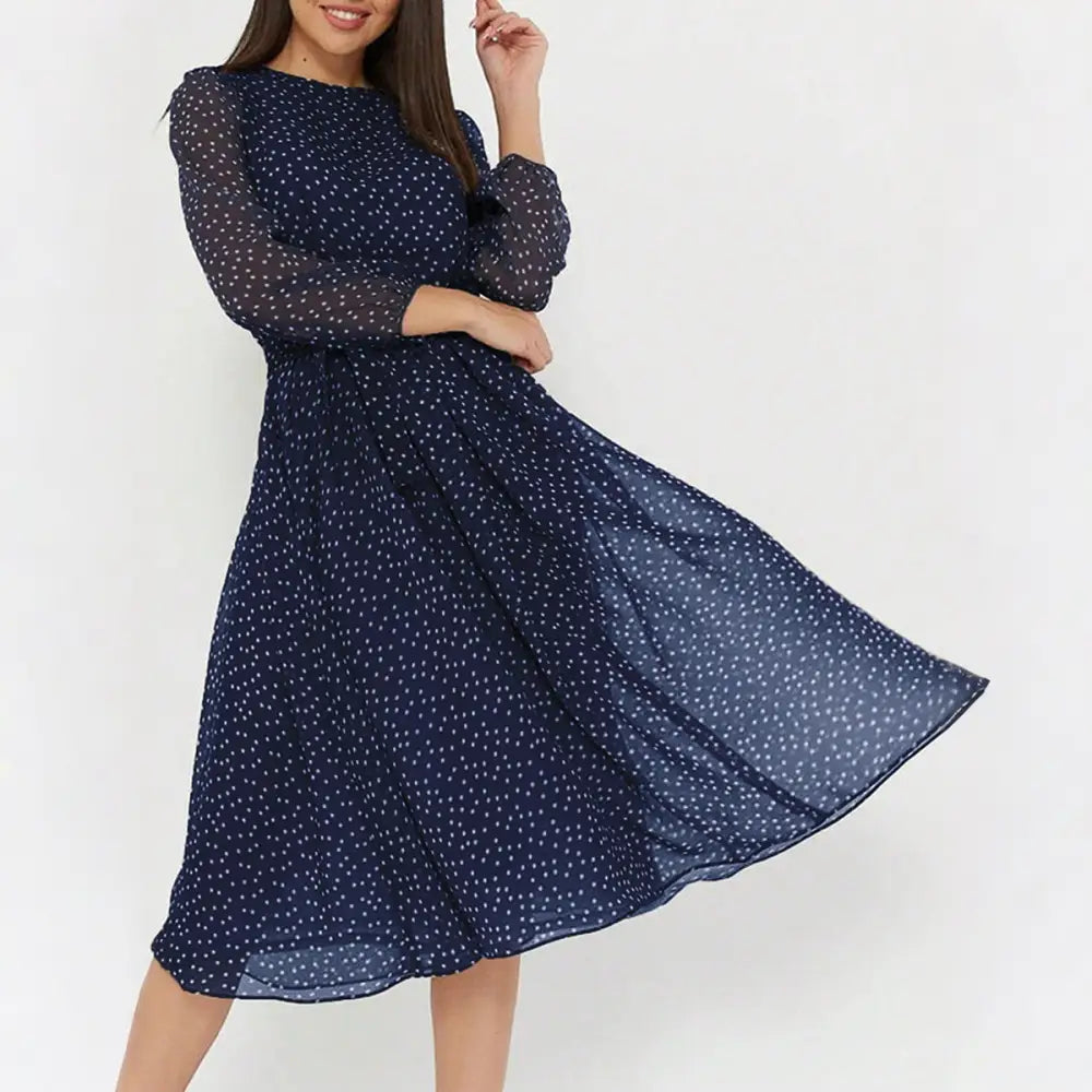 European And American Leisure Vacation Style Polka Dot Long Sleeve Maxi Dress - Dark Blue / S