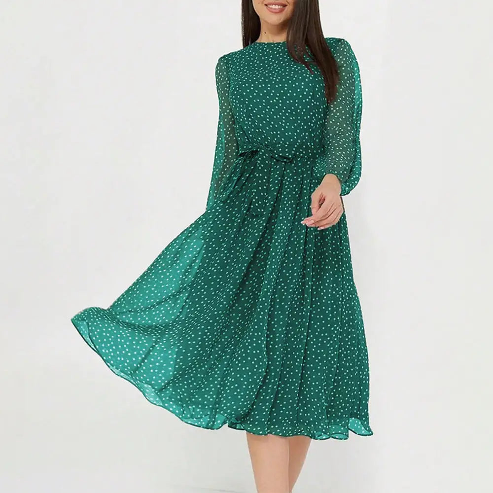 European And American Leisure Vacation Style Polka Dot Long Sleeve Maxi Dress - Green / S