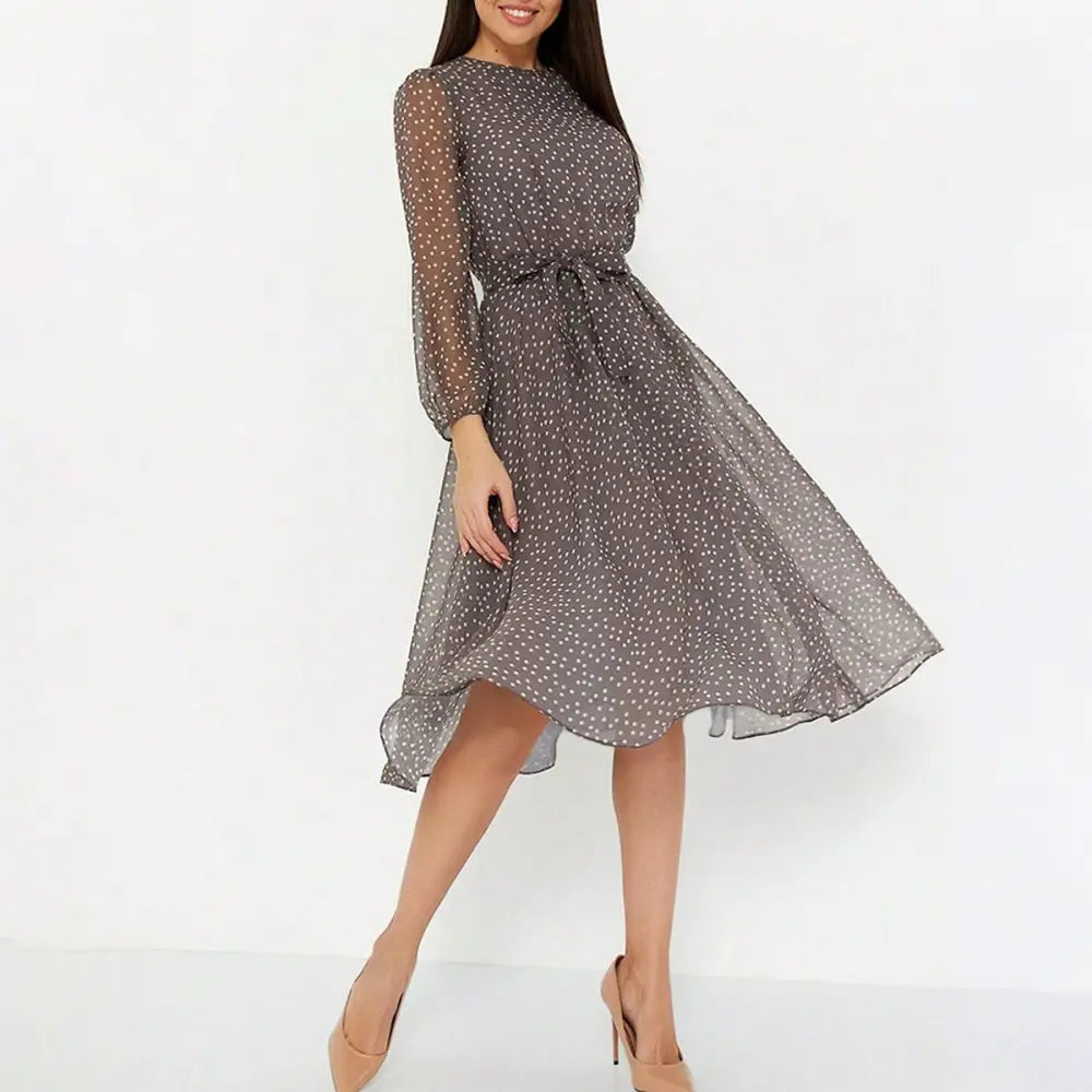 European And American Leisure Vacation Style Polka Dot Long Sleeve Maxi Dress - Brown / S