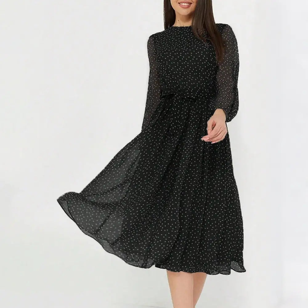 European And American Leisure Vacation Style Polka Dot Long Sleeve Maxi Dress - Black / S