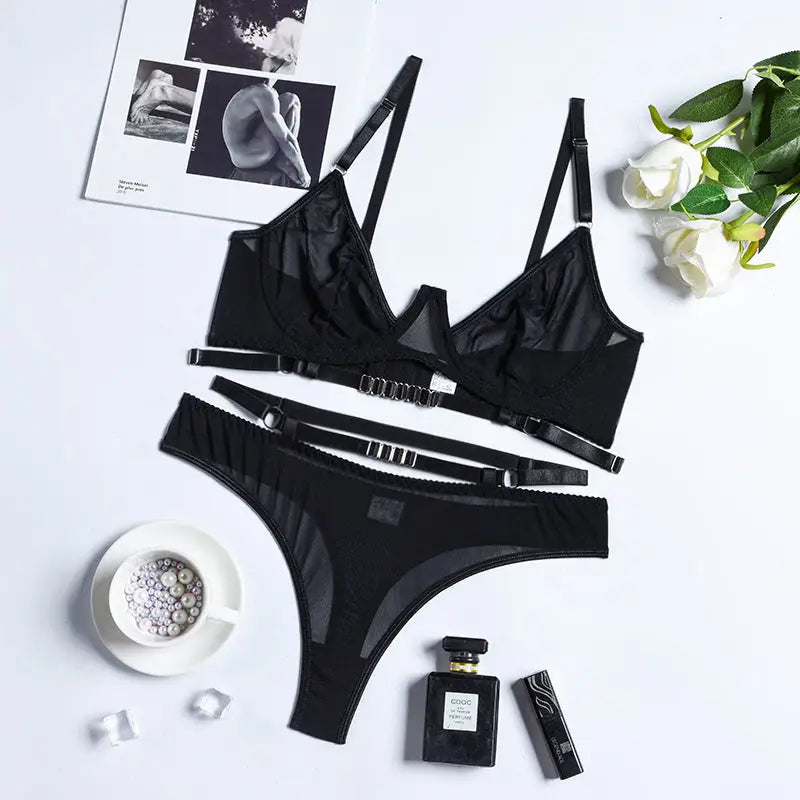 European And American New Fashion Mesh Gather Underwear Set - Black / S