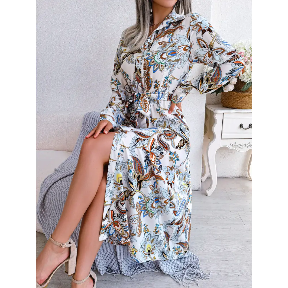 European And American Retro Flower Lapel Tied Shirt Dress