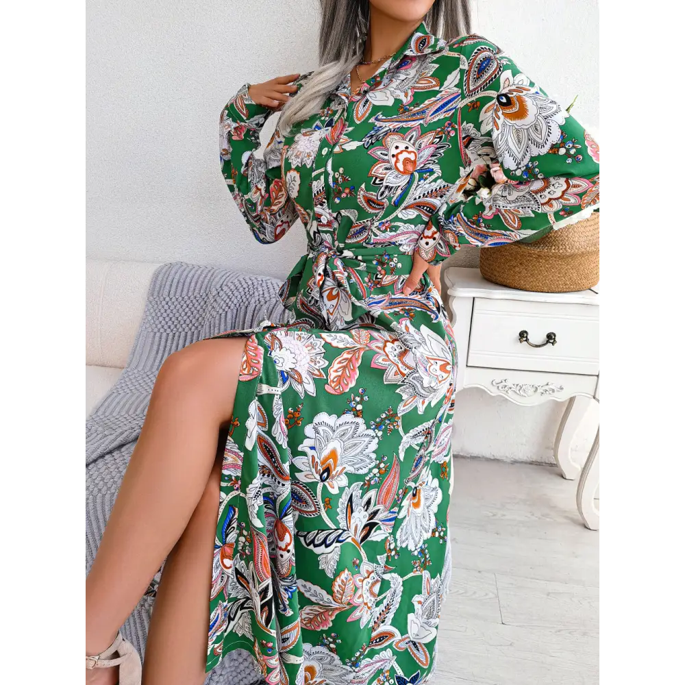 European And American Retro Flower Lapel Tied Shirt Dress - Green / S