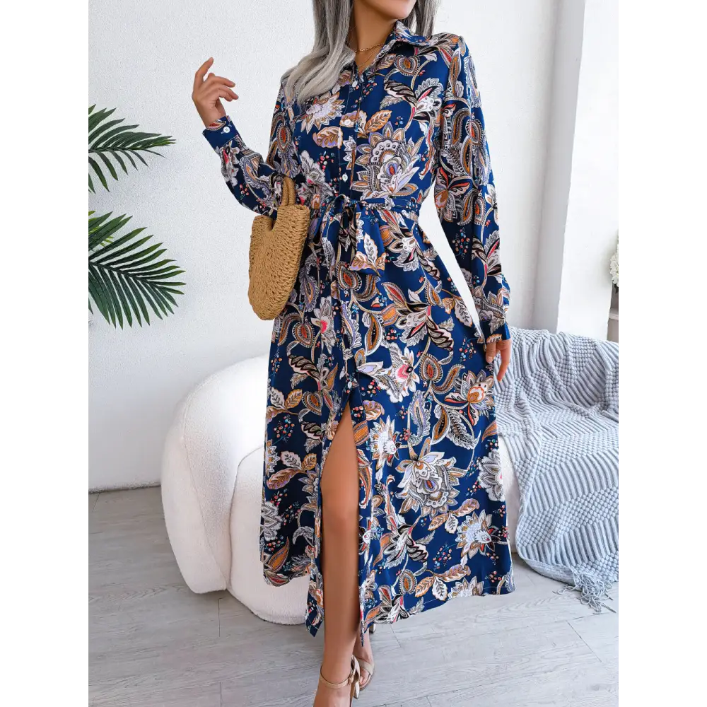 European And American Retro Flower Lapel Tied Shirt Dress - Sapphire Blue / S