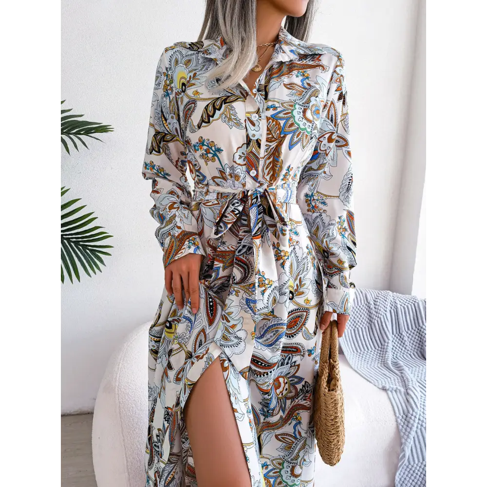 European And American Retro Flower Lapel Tied Shirt Dress - White / S