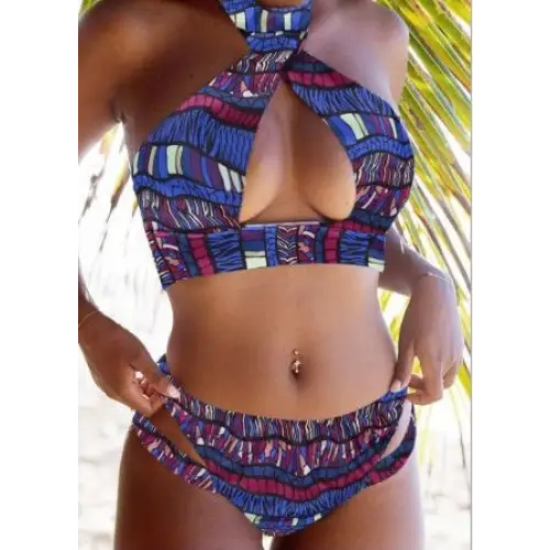European and American sexy split swimsuit striped bikini women’s cross swimsuit - Purple / XL