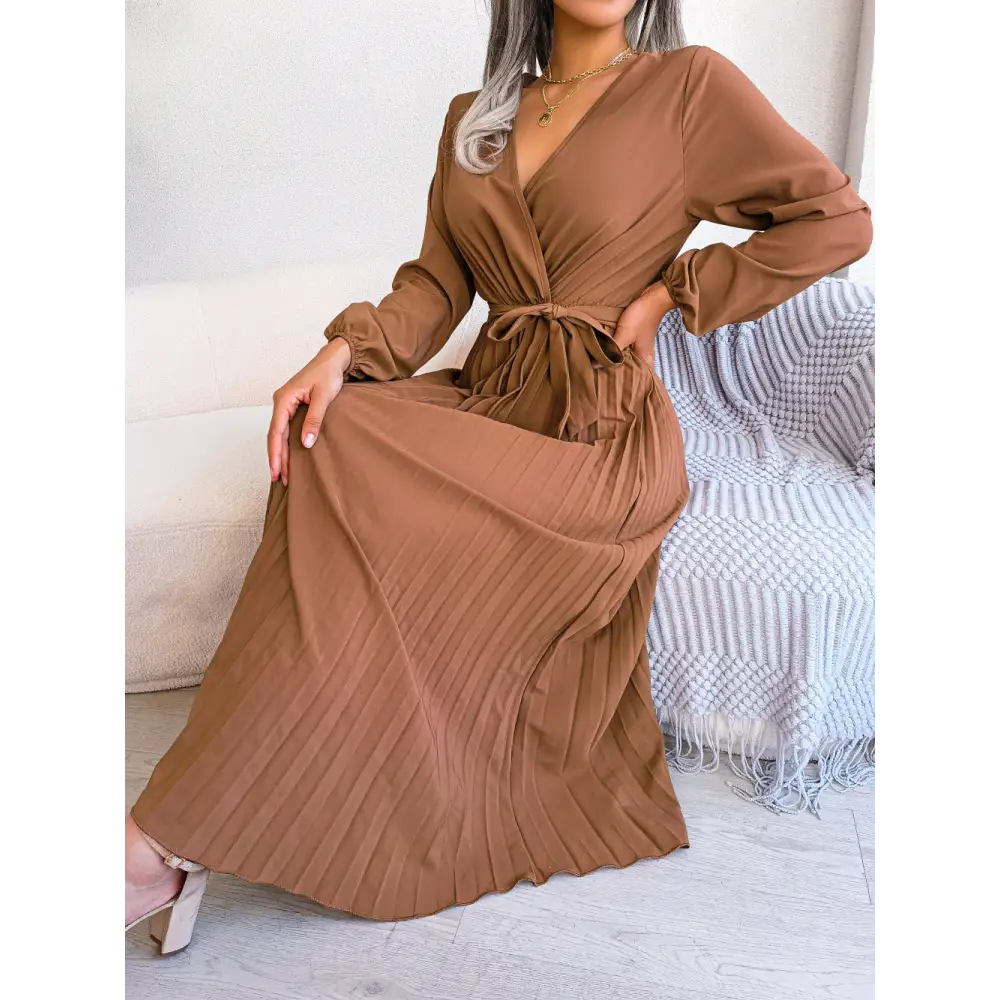 Fashion Elegant Cross Pleated Maxi Dress - Brown / S