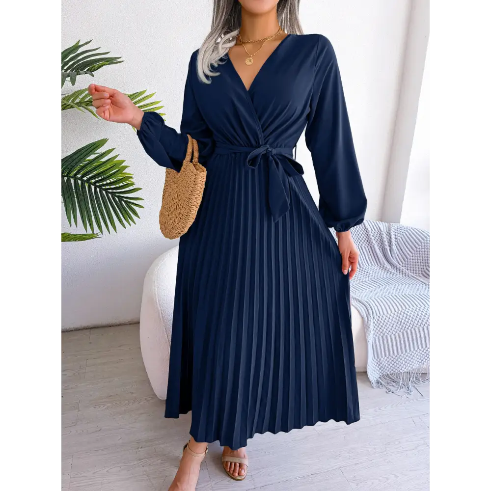 Fashion Elegant Cross Pleated Maxi Dress - Navy Blue / L