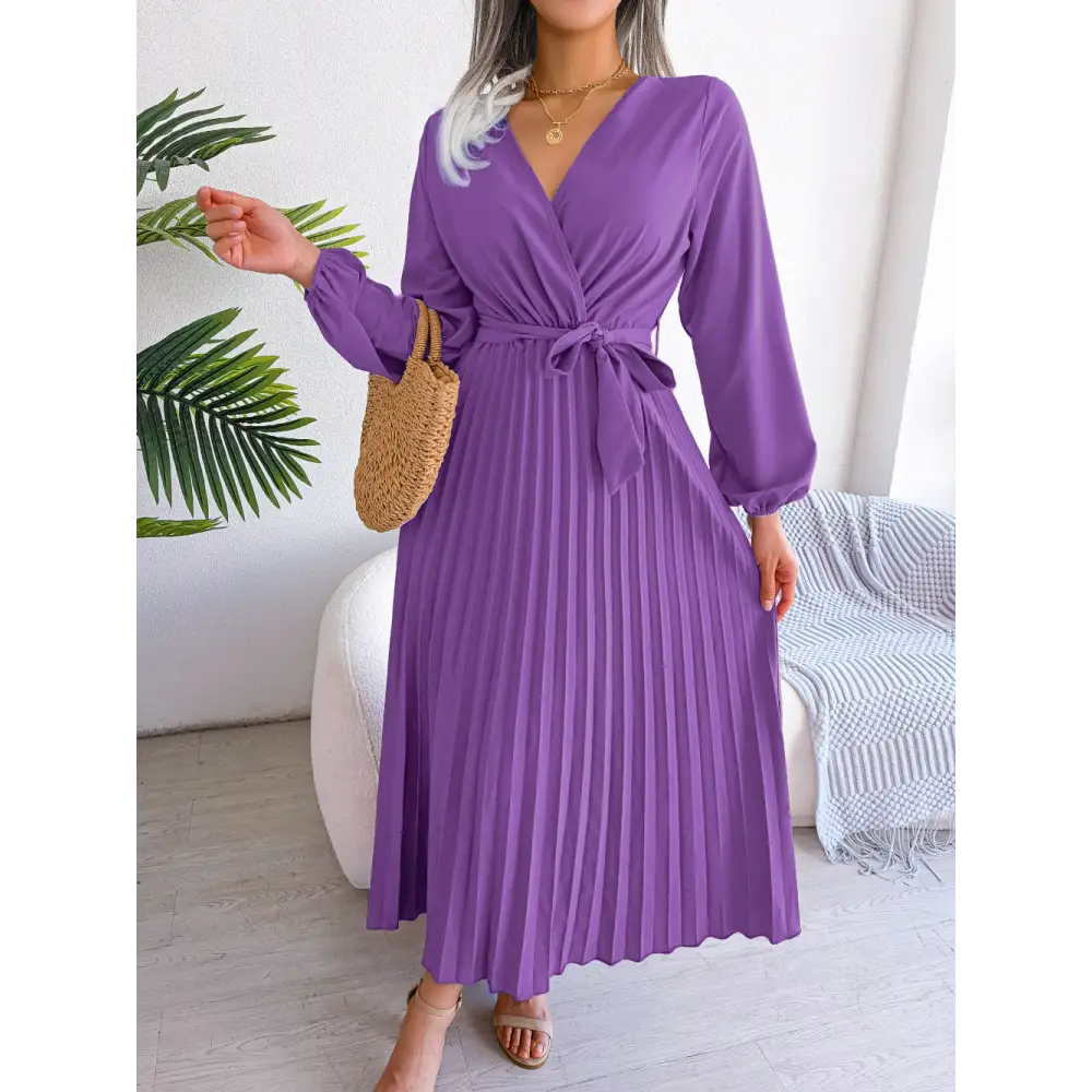 Fashion Elegant Cross Pleated Maxi Dress - Purple / L