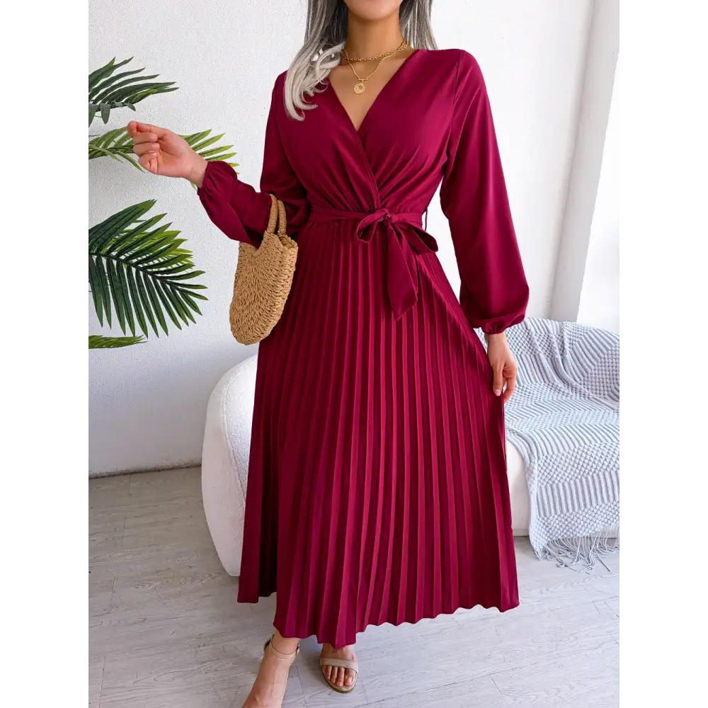 Fashion Elegant Cross Pleated Maxi Dress - Red / S
